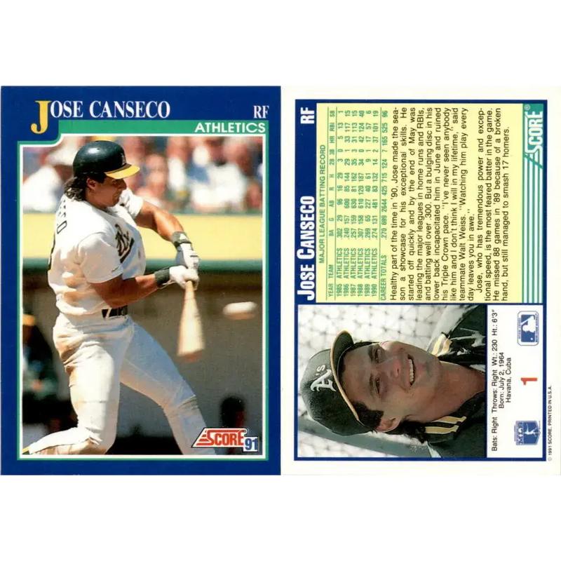 1991 Score #1 Jose Canseco NM-MT Oakland Athletics Baseball Card - Baseball Card Single