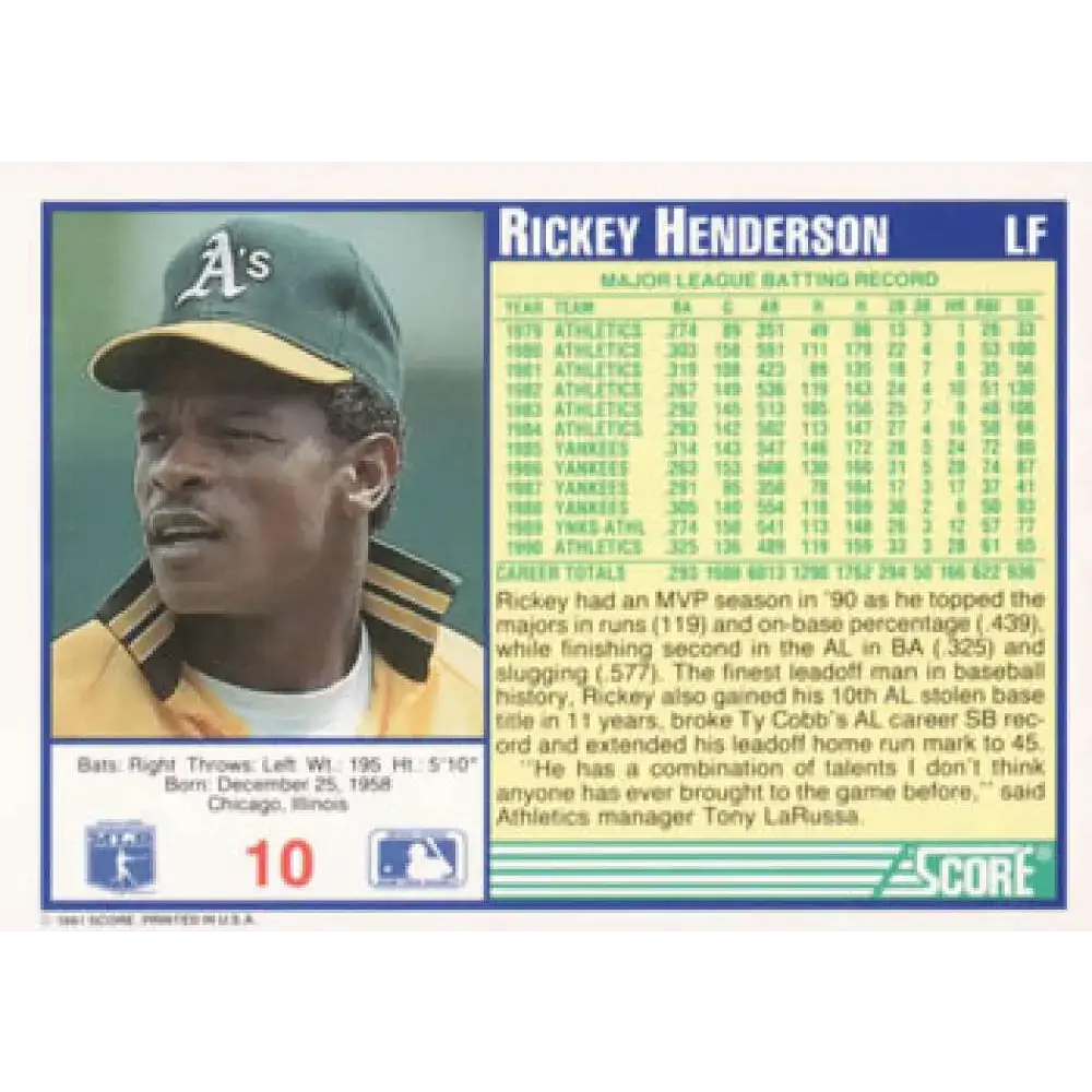 1991 Score #10 Rickey Henderson NM-MT Oakland Athletics Baseball Card - Baseball Card Single