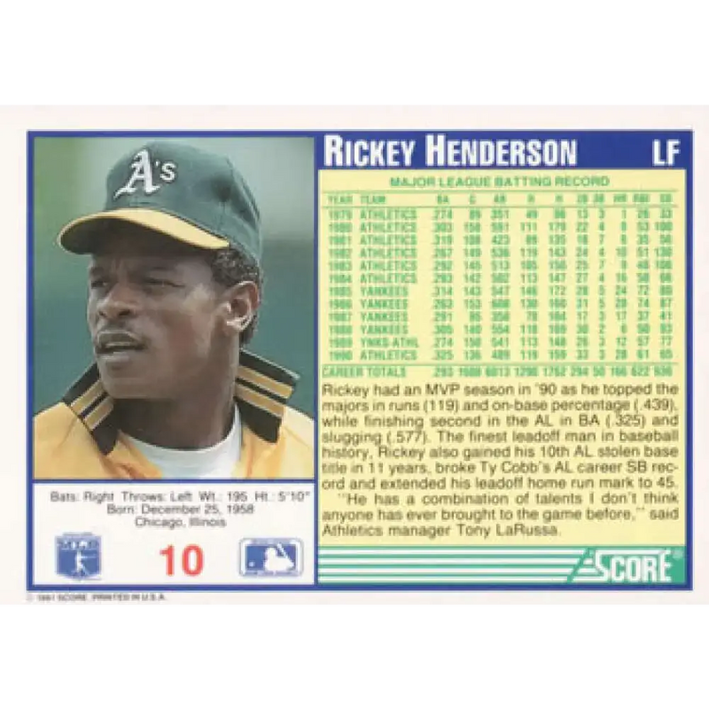 1991 Score #10 Rickey Henderson NM-MT Oakland Athletics Baseball Card - Baseball Card Single