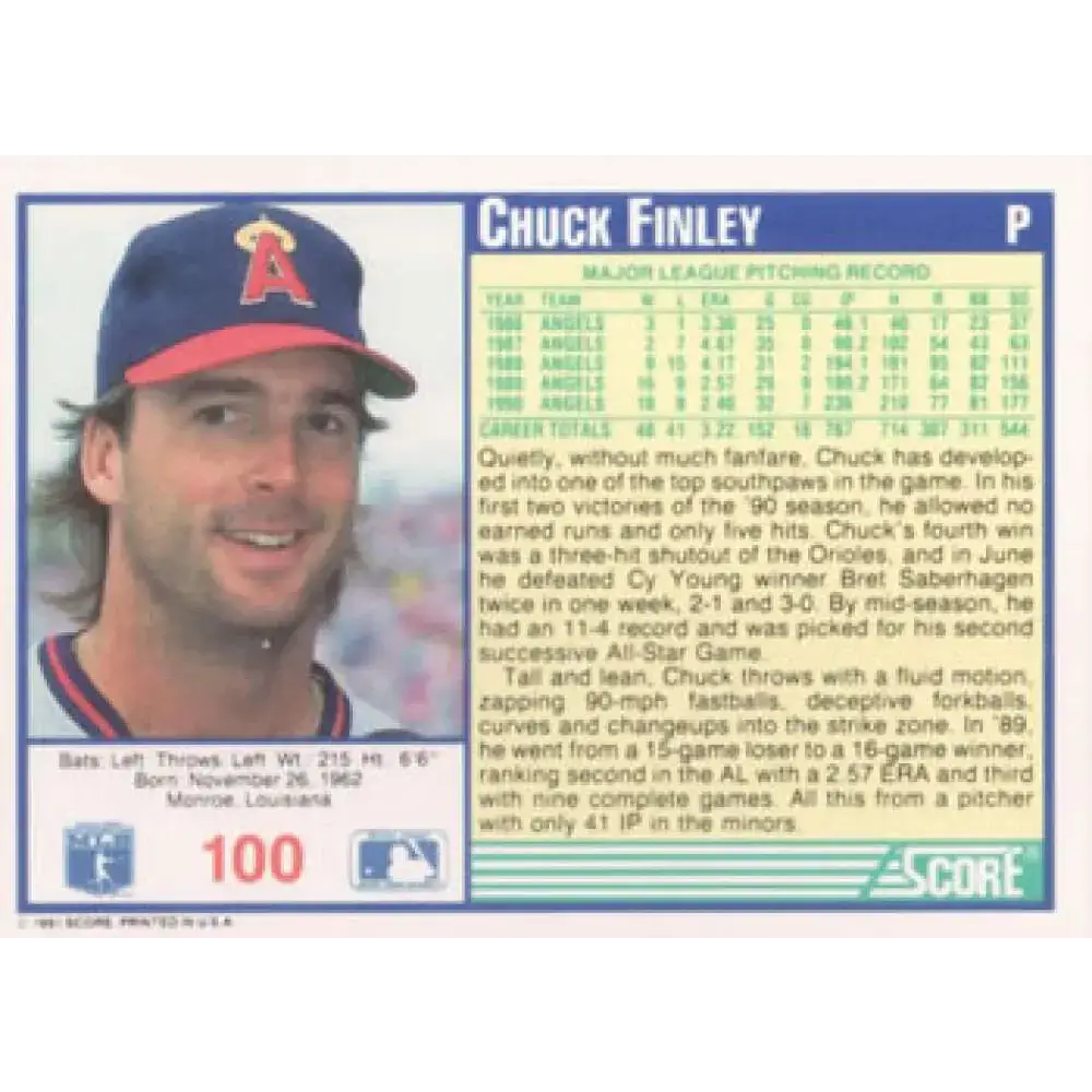 1991 Score #100 Chuck Finley NM-MT California Angels Baseball Card - Baseball Card Single
