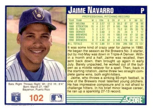 Original gloss Jaime Navarro baseball card from 1991 Score #102 featuring Simply Sandoval
