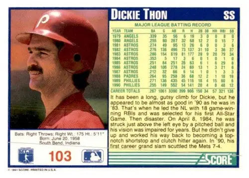 Original gloss Dickie Thon baseball card from 1991 Score #103 featuring Simply Sandoval