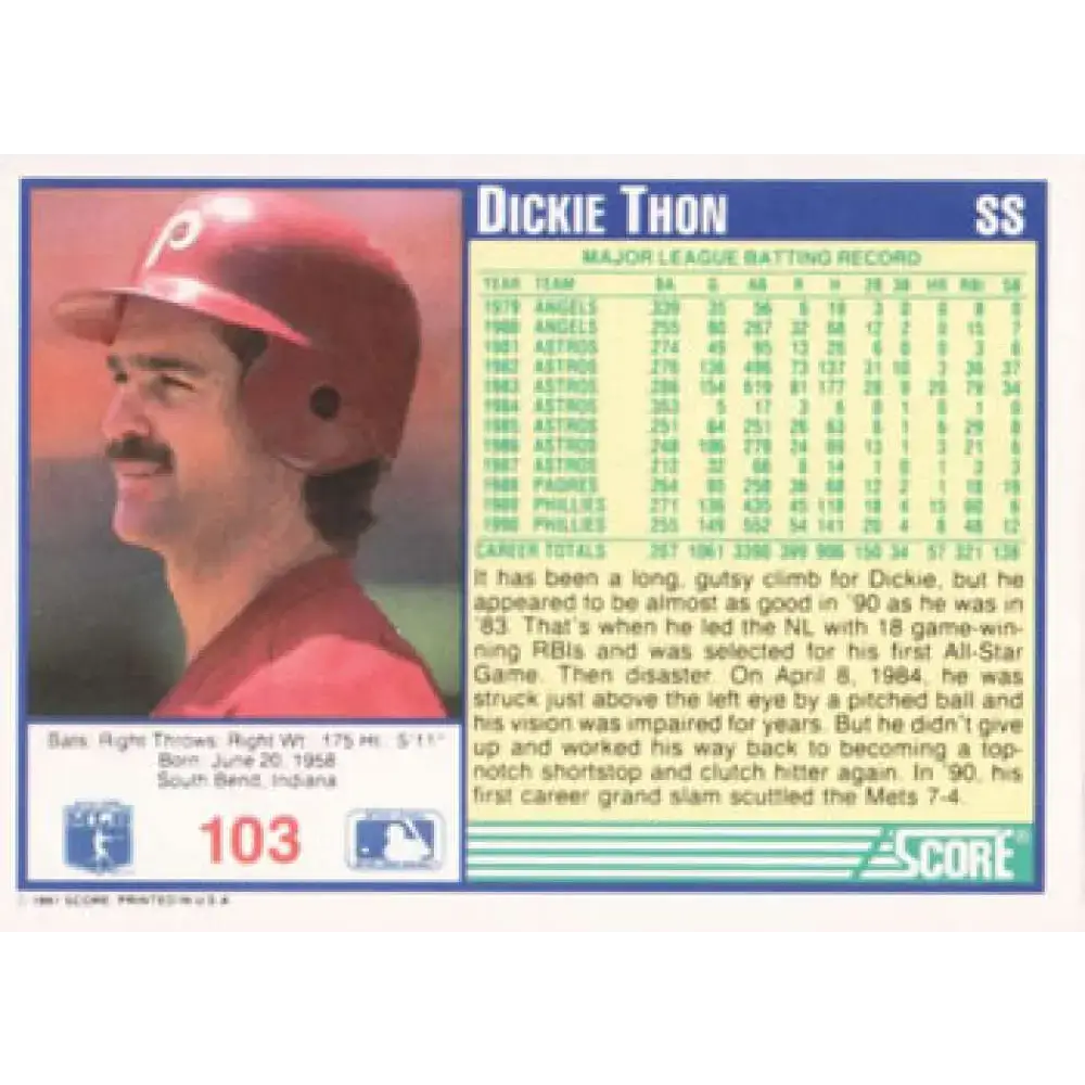 1991 Score #103 Dickie Thon NM-MT Philadelphia Phillies Baseball Card - Baseball Card Single
