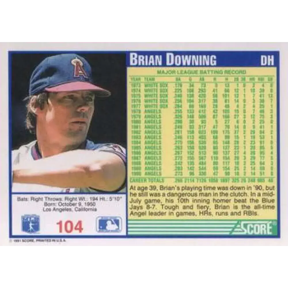 1991 Score #104 Brian Downing NM-MT California Angels Baseball Card - Baseball Card Single