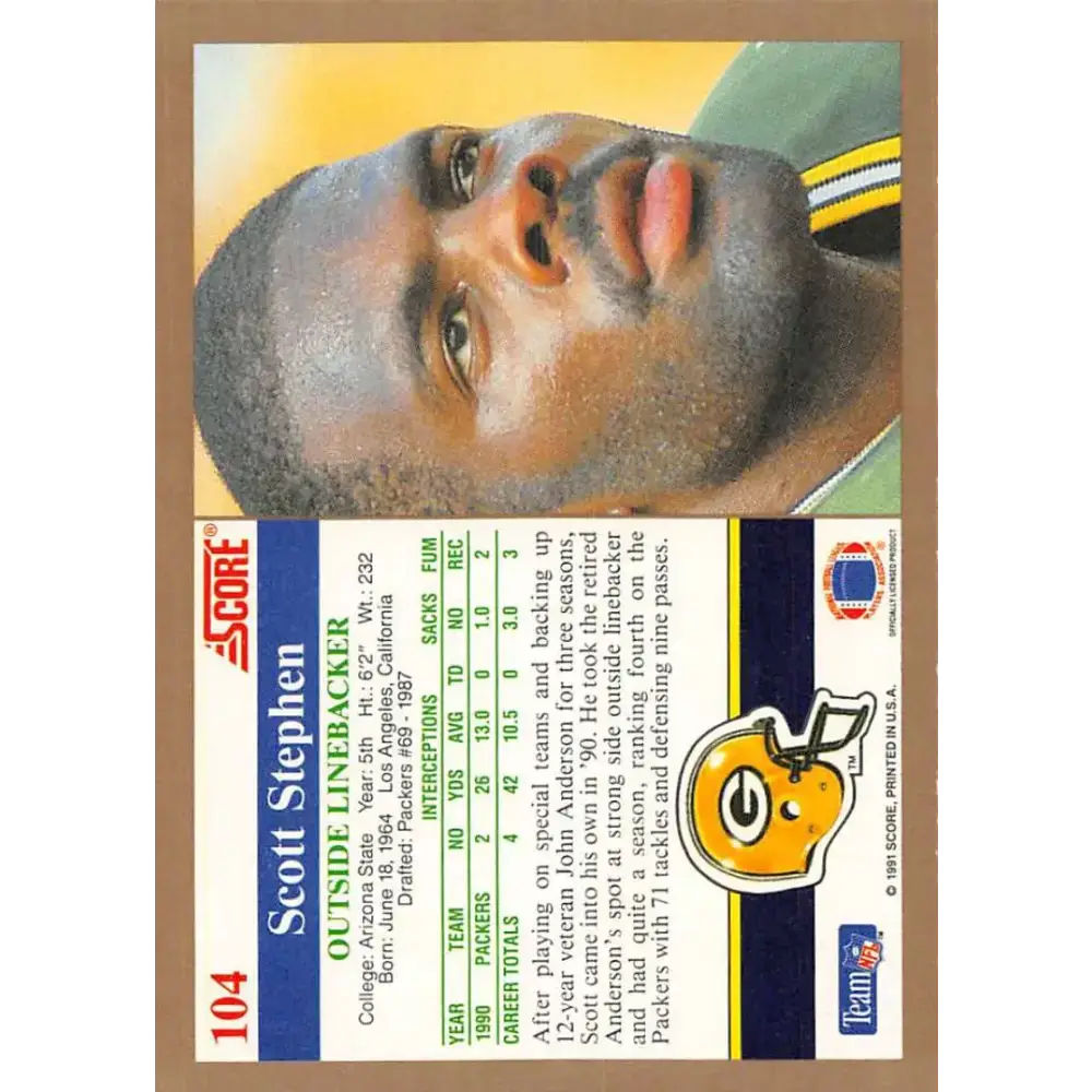 1991 Score #104 Scott Stephen EX Excellent RC Rookie Green Bay Packers Football Card - Football Card Single
