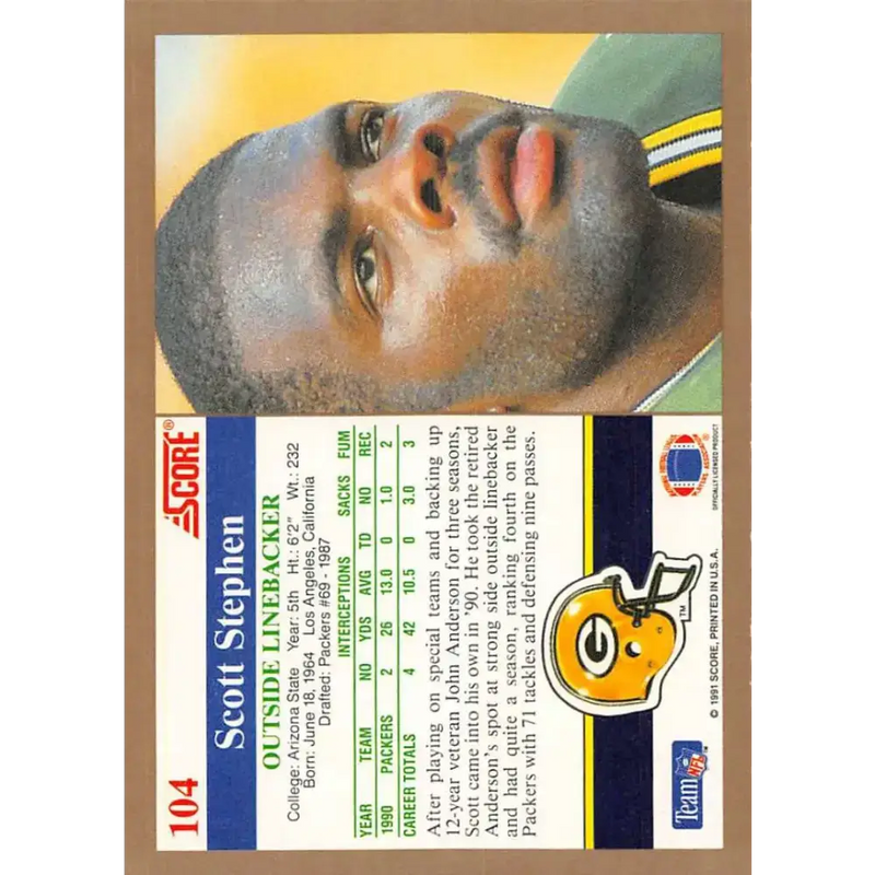1991 Score #104 Scott Stephen EX Excellent RC Rookie Green Bay Packers Football Card - Football Card Single
