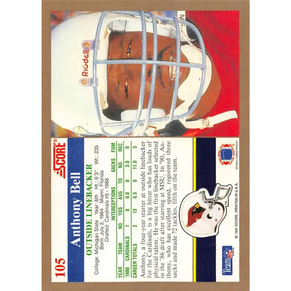 1991 Score #105 Anthony Bell EX Excellent Phoenix Cardinals Football Card - Football Card Single