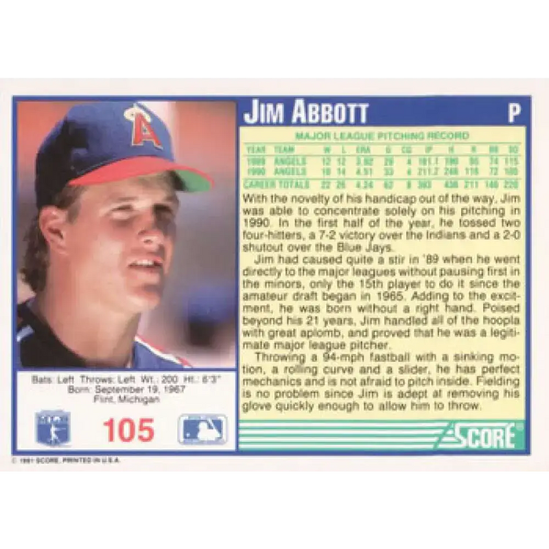 1991 Score #105 Jim Abbott NM-MT California Angels Baseball Card - Baseball Card Single