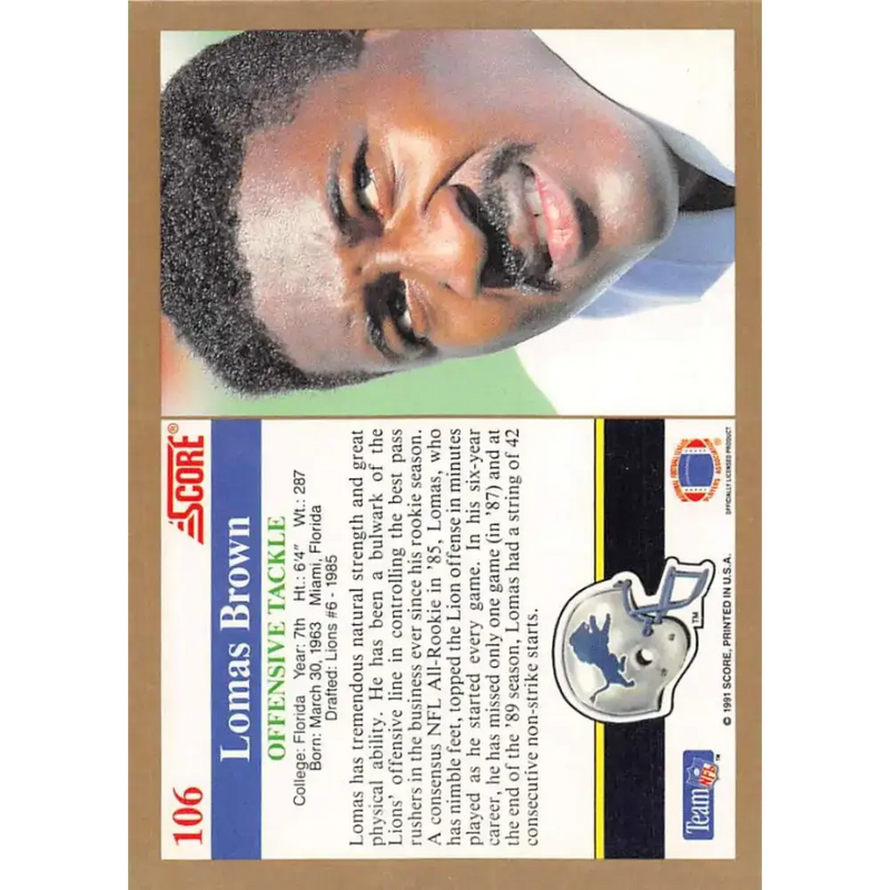 1991 Score #106 Lomas Brown EX Excellent Detroit Lions Football Card - Football Card Single