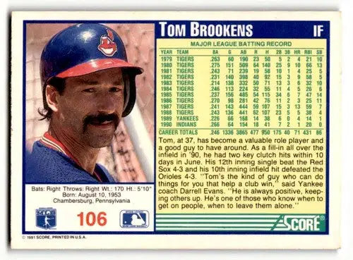 Tom Brookens Cleveland baseball card from 1991 Score #106 featuring Brookens Cleveland Indians