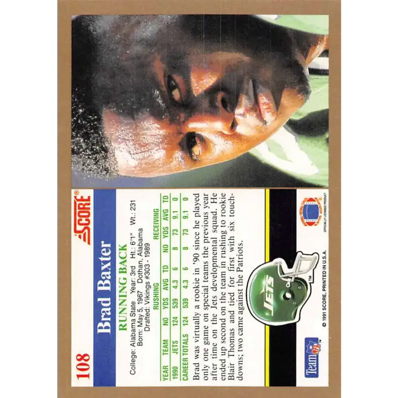 1991 Score #108 Brad Baxter EX Excellent New York Jets Football Card - Football Card Single