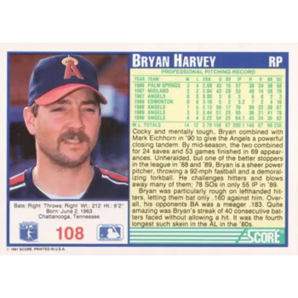 1991 Score #108 Bryan Harvey NM-MT California Angels Baseball Card - Baseball Card Single