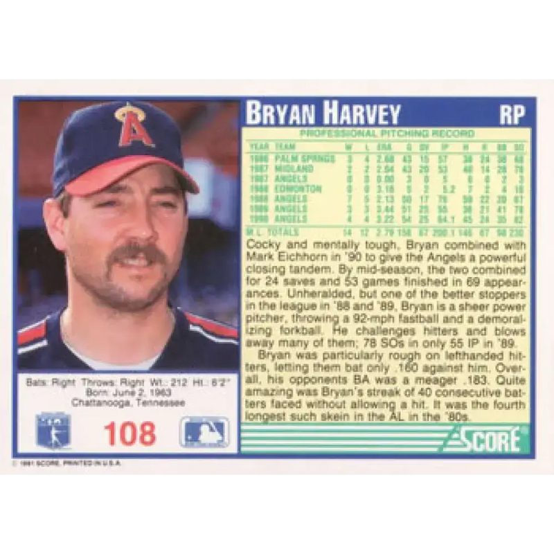 1991 Score #108 Bryan Harvey NM-MT California Angels Baseball Card - Baseball Card Single