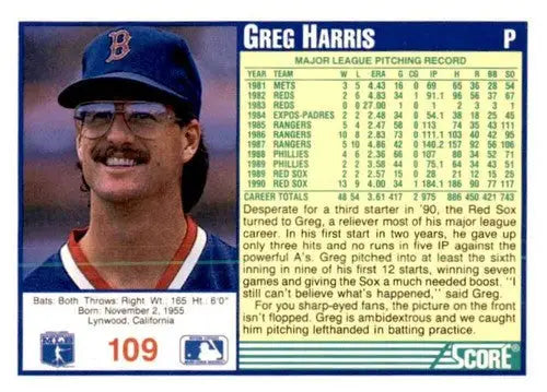 1991 Score Greg Harris baseball card with original gloss featuring Greg Harris design