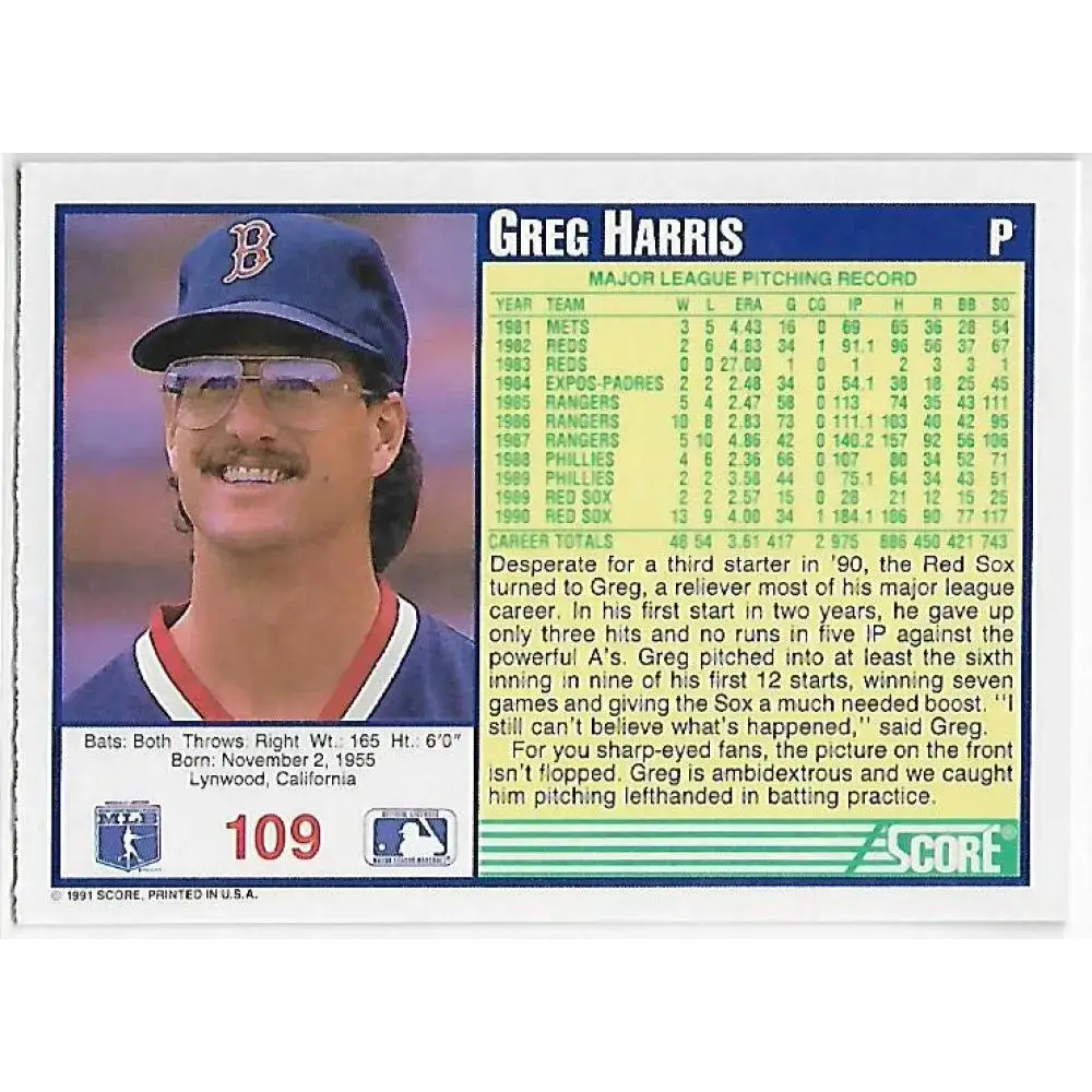 1991 Score #109 Greg Harris NM-MT Boston Red Sox Baseball Card - Baseball Card Single