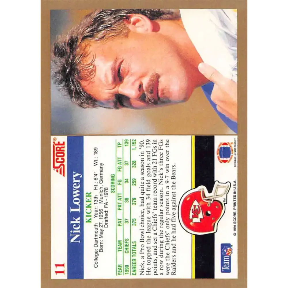 1991 Score #11 Nick Lowery EX Excellent Kansas City Chiefs Football Card - Football Card Single
