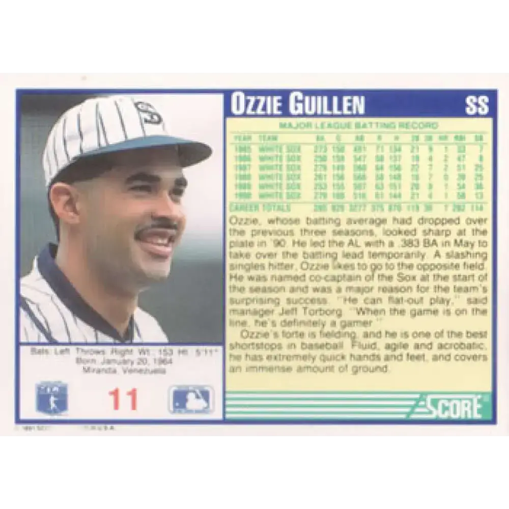 1991 Score #11 Ozzie Guillen NM-MT Chicago White Sox Baseball Card - Baseball Card Single