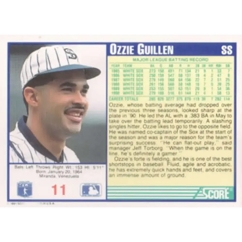 1991 Score #11 Ozzie Guillen NM-MT Chicago White Sox Baseball Card - Baseball Card Single