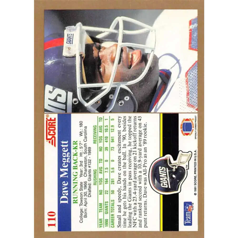 1991 Score #110 Dave Meggett EX Excellent New York Giants Football Card - Football Card Single
