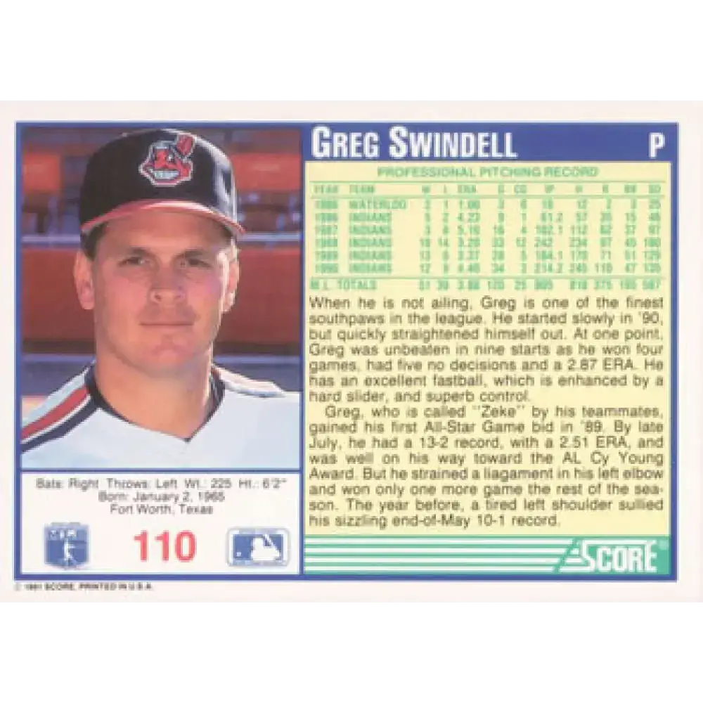 1991 Score #110 Greg Swindell NM-MT Cleveland Indians Baseball Card - Baseball Card Single