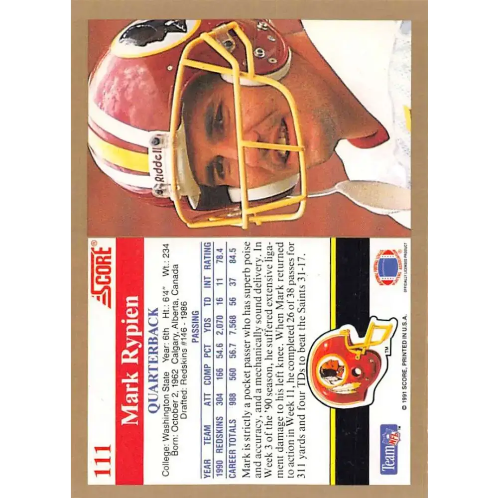 1991 Score #111 Mark Rypien EX Excellent Washington Redskins Football Card - Football Card Single