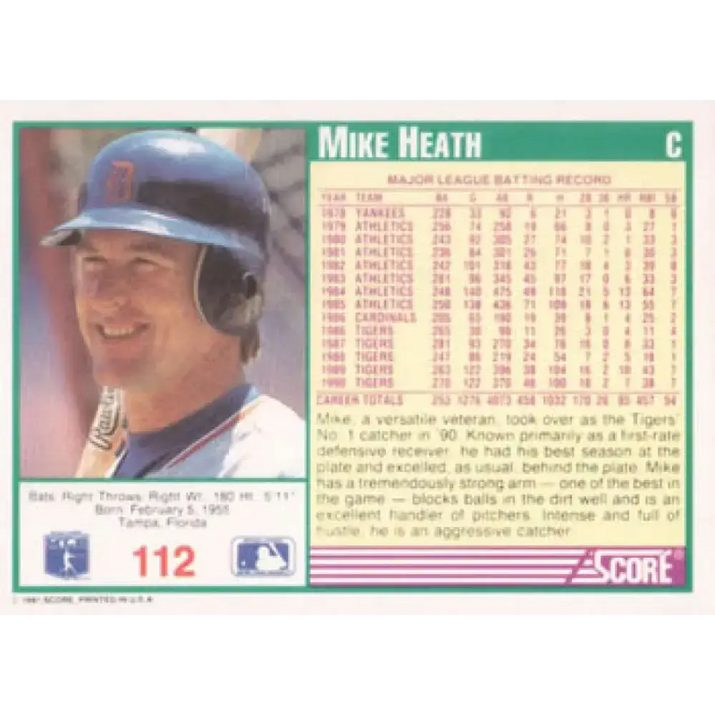 1991 Score #112 Mike Heath NM-MT Detroit Tigers Baseball Card - Baseball Card Single