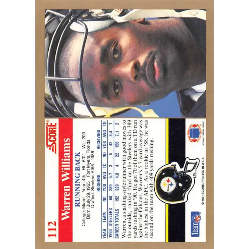 1991 Score #112 Warren Williams EX Excellent Pittsburgh Steelers Football Card - Football Card Single