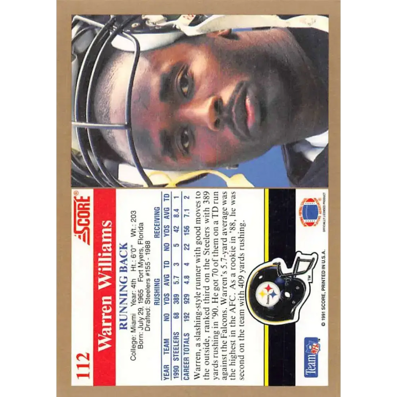 1991 Score #112 Warren Williams EX Excellent Pittsburgh Steelers Football Card - Football Card Single