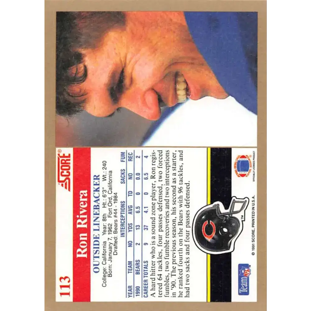 1991 Score #113 Ron Rivera EX Excellent Chicago Bears Football Card - Football Card Single