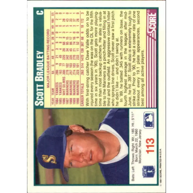 1991 Score #113 Scott Bradley NM-MT Seattle Mariners Baseball Card - Baseball Card Single
