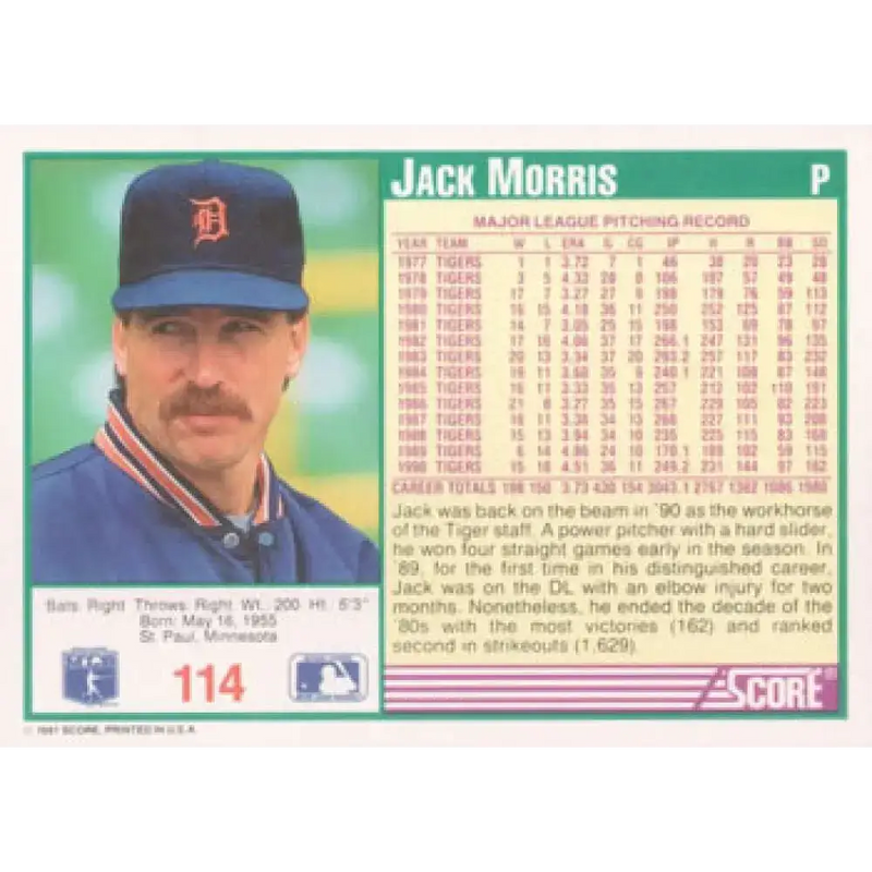 1991 Score #114 Jack Morris NM-MT Detroit Tigers Baseball Card - Baseball Card Single