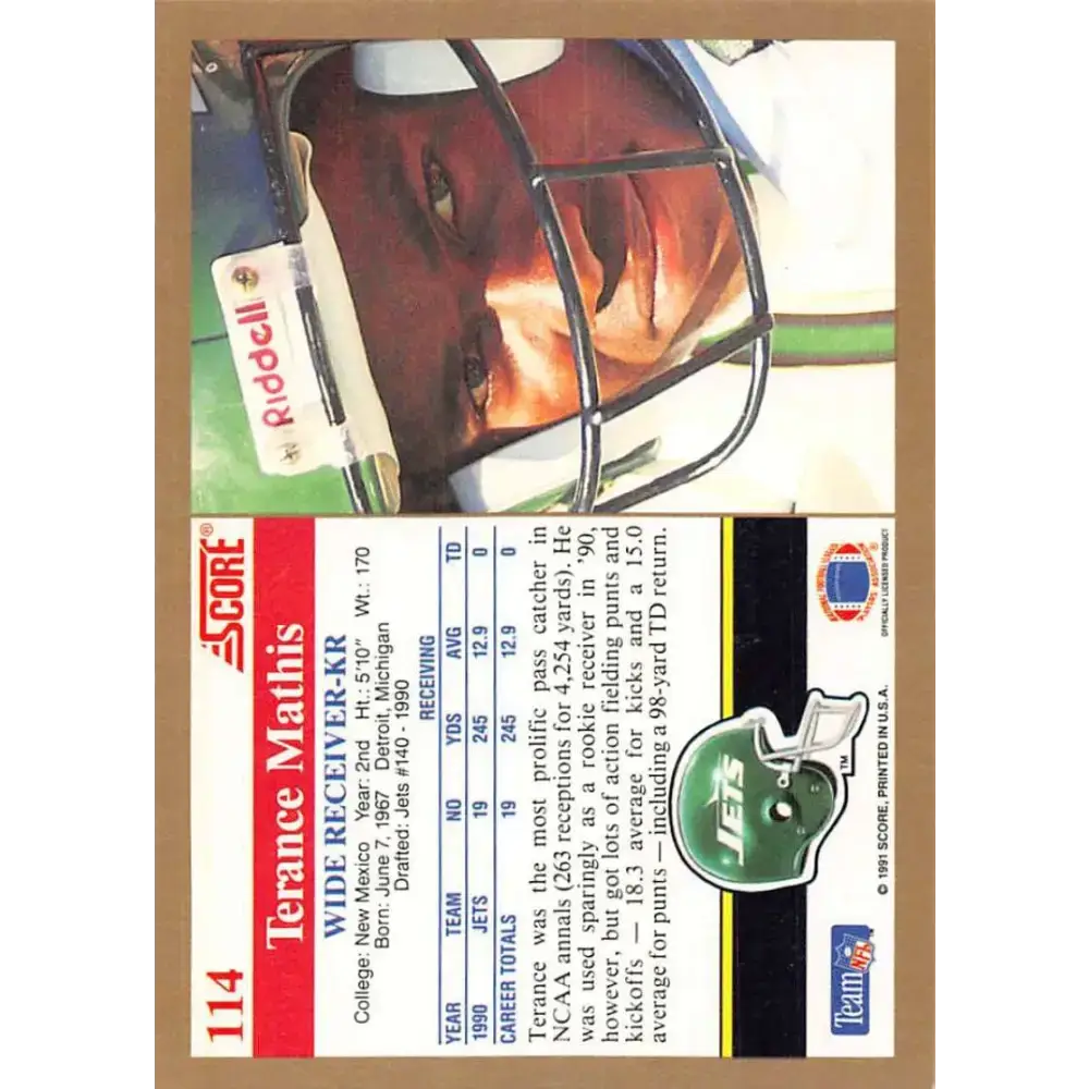 1991 Score #114 Terance Mathis EX Excellent New York Jets Football Card - Football Card Single
