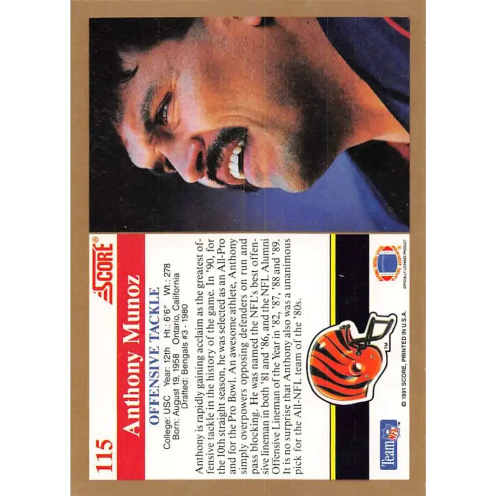 1991 Score #115 Anthony Munoz EX Excellent Cincinnati Bengals Football Card - Football Card Single