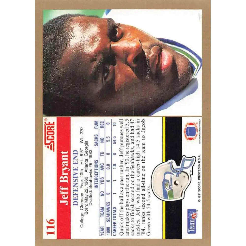 1991 Score #116 Jeff Bryant EX Excellent Seattle Seahawks Football Card - Football Card Single