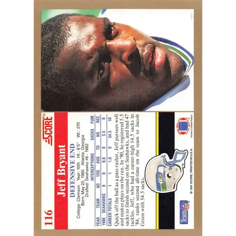 1991 Score #116 Jeff Bryant EX Excellent Seattle Seahawks Football Card - Football Card Single