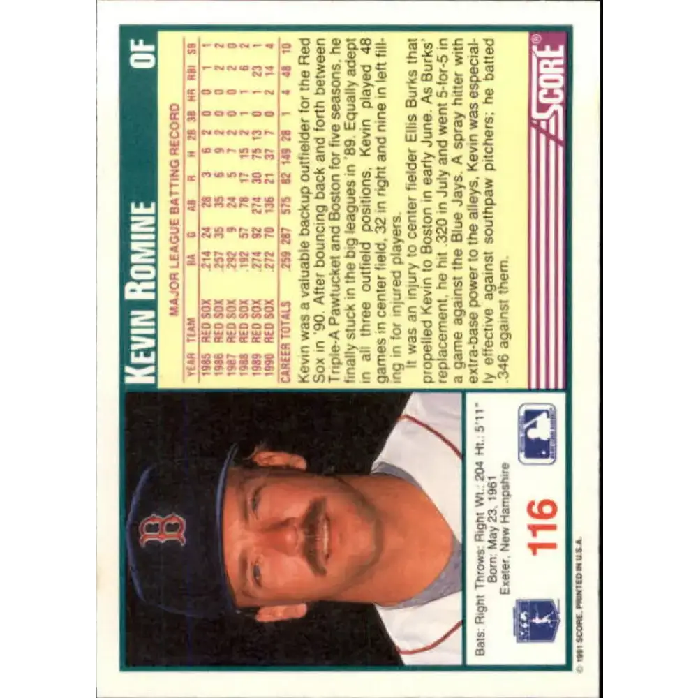 1991 Score #116 Kevin Romine NM-MT Boston Red Sox Baseball Card - Baseball Card Single