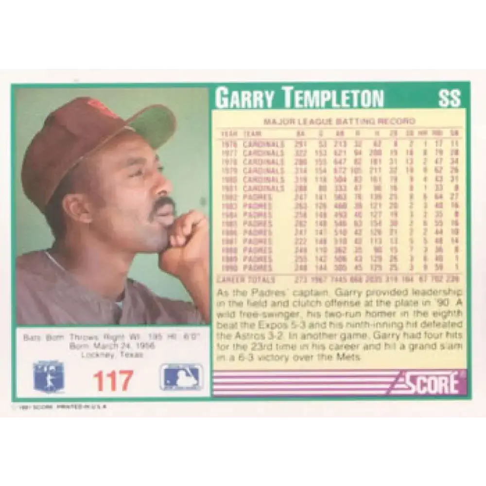 1991 Score #117 Garry Templeton NM-MT San Diego Padres Baseball Card - Baseball Card Single
