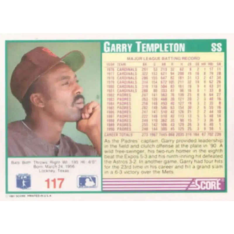 1991 Score #117 Garry Templeton NM-MT San Diego Padres Baseball Card - Baseball Card Single