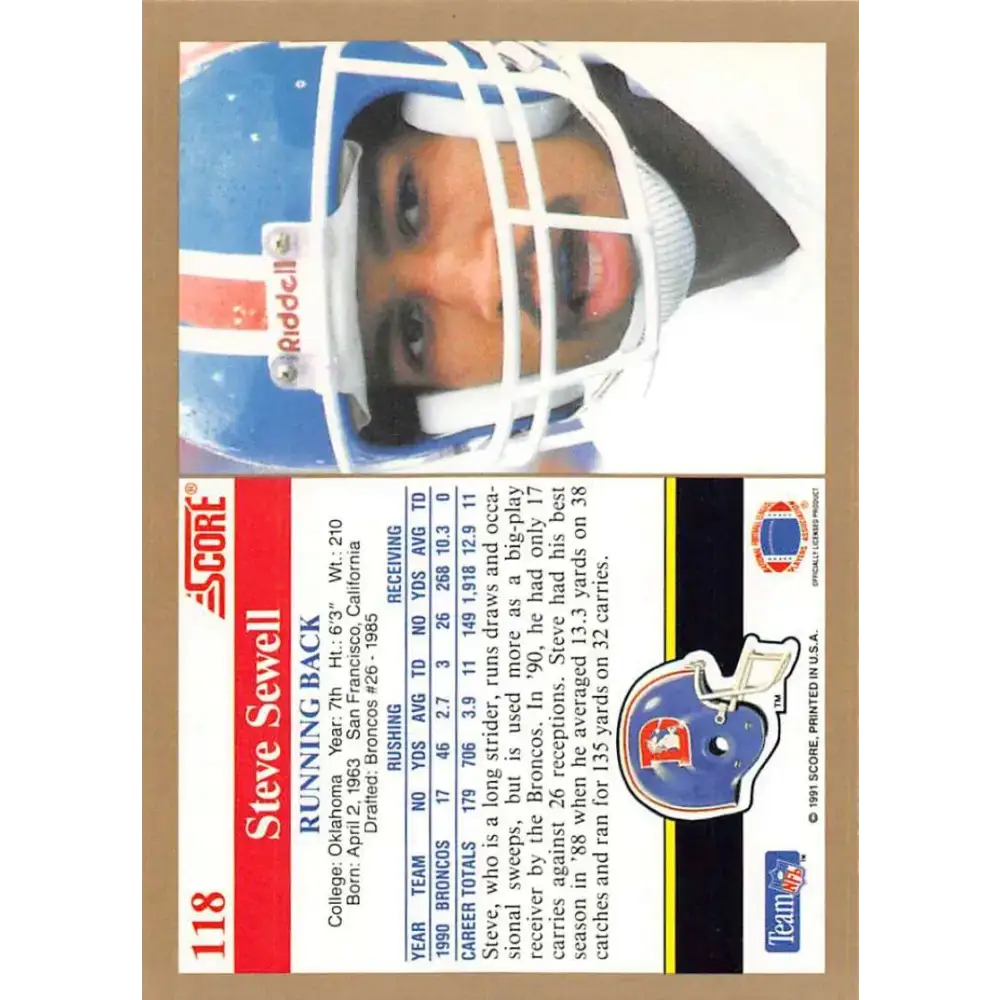 1991 Score #118 Steve Sewell EX Excellent Denver Broncos Football Card - Football Card Single