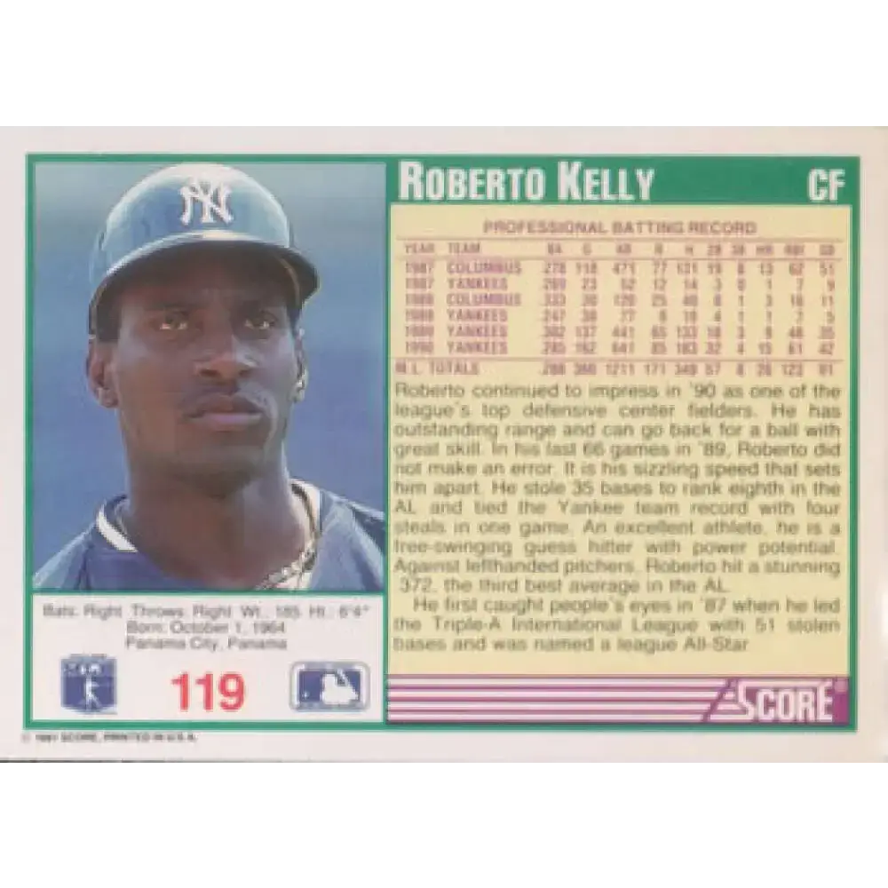 1991 Score #119 Roberto Kelly NM-MT New York Yankees Baseball Card - Baseball Card Single