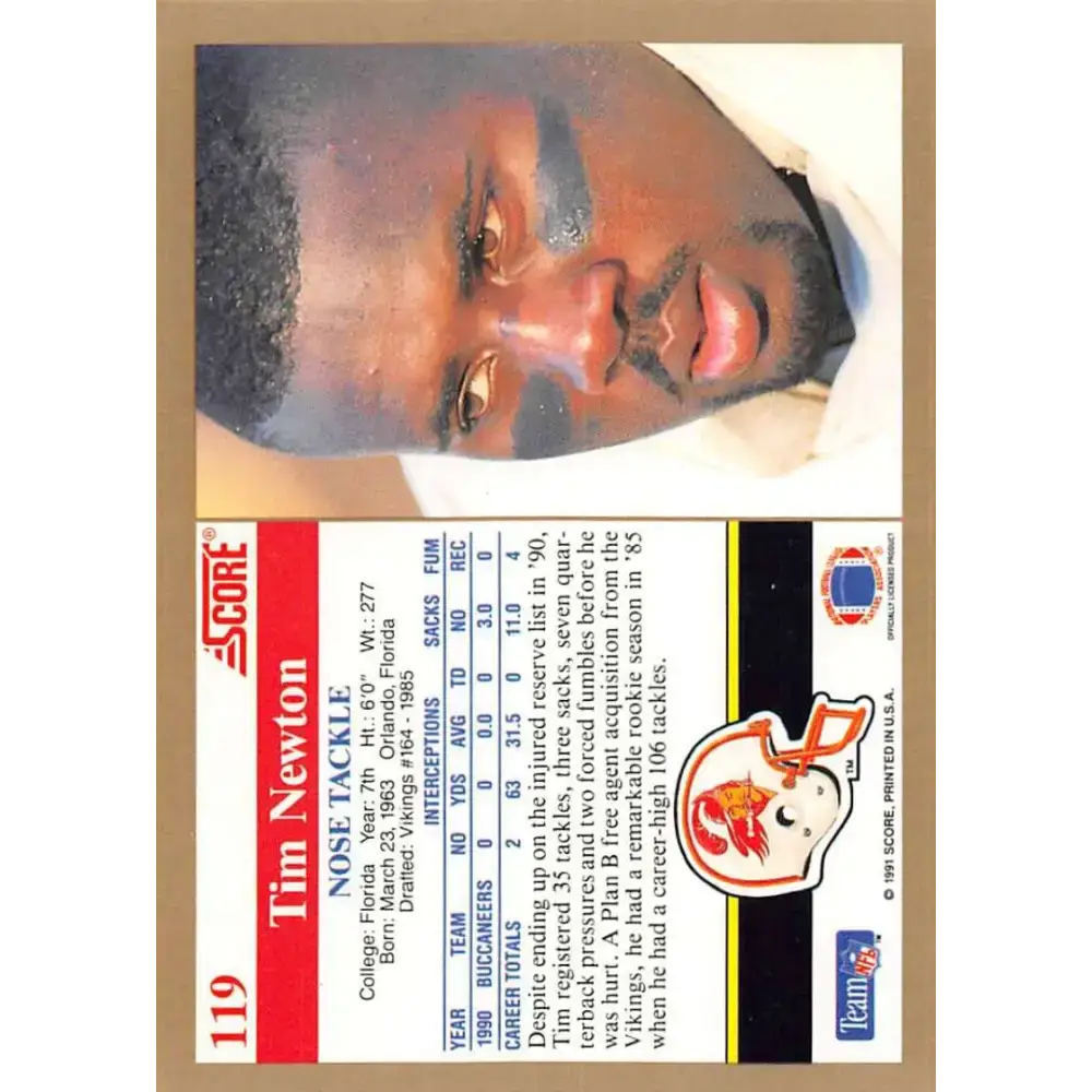 1991 Score #119 Tim Newton EX Excellent RC Rookie Tampa Bay Buccaneers Football Card - Football Card Single