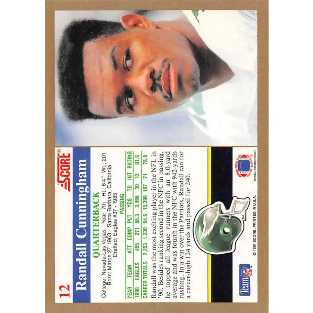 1991 Score #12 Randall Cunningham EX Excellent Philadelphia Eagles Football Card - Football Card Single