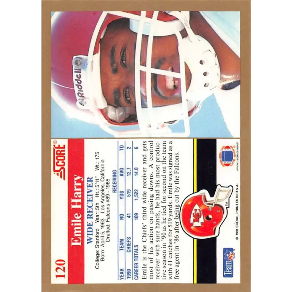 1991 Score #120 Emile Harry EX Excellent Kansas City Chiefs Football Card - Football Card Single