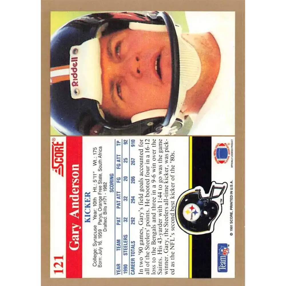 1991 Score #121 Gary Anderson EX Excellent Pittsburgh Steelers Football Card - Football Card Single