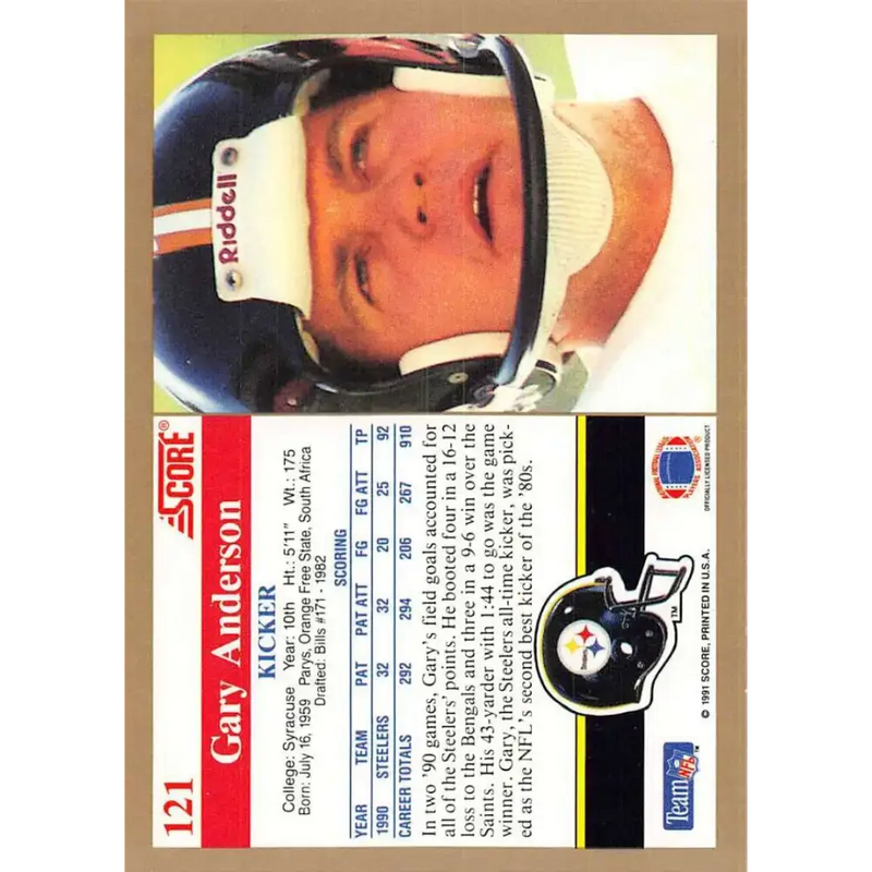 1991 Score #121 Gary Anderson EX Excellent Pittsburgh Steelers Football Card - Football Card Single