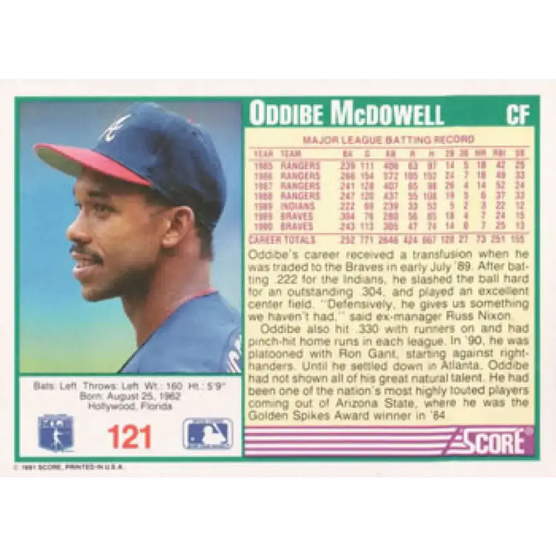 1991 Score #121 Oddibe McDowell NM-MT Atlanta Braves Baseball Card - Baseball Card Single
