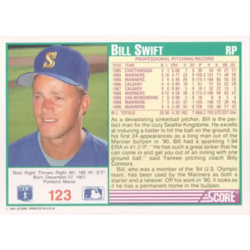 1991 Score #123 Bill Swift UER NM-MT Seattle Mariners Baseball Card - Baseball Card Single