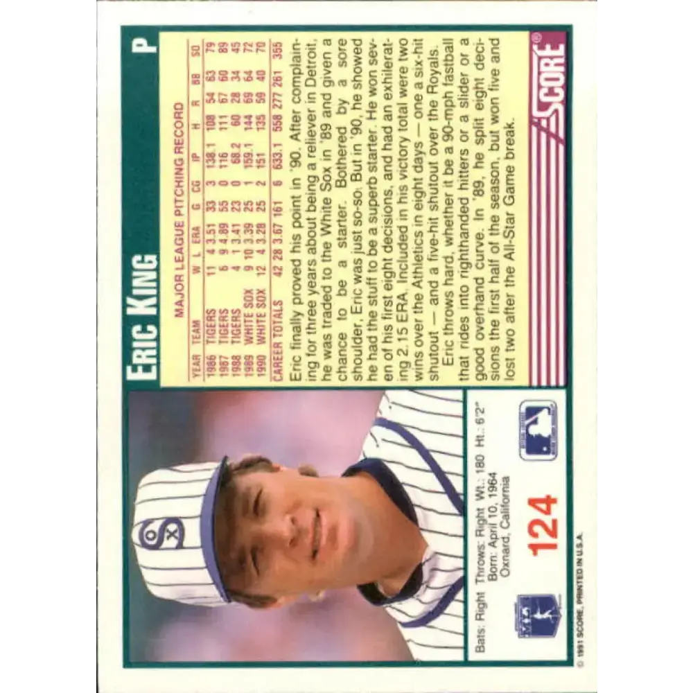 1991 Score #124 Eric King NM-MT Chicago White Sox Baseball Card - Baseball Card Single