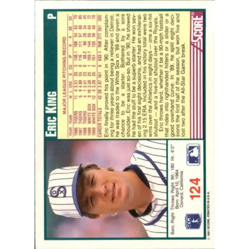 1991 Score #124 Eric King NM-MT Chicago White Sox Baseball Card - Baseball Card Single