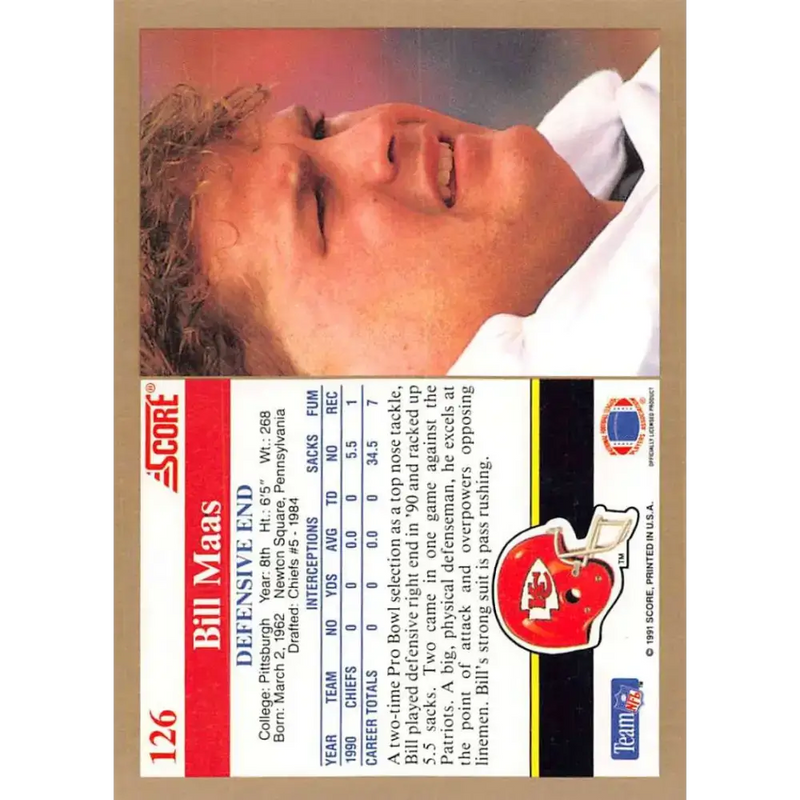 1991 Score #126 Bill Maas EX Excellent Kansas City Chiefs Football Card - Football Card Single